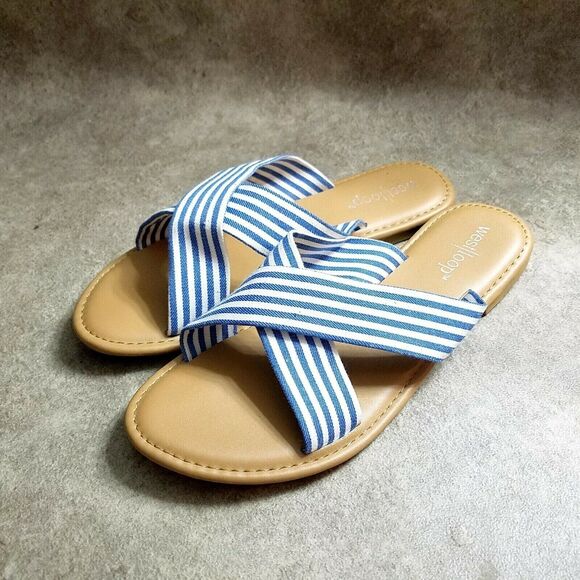 West Loop Womens Size 5/6 Blue White Slide Sandals Flats - Picture 3 of 8